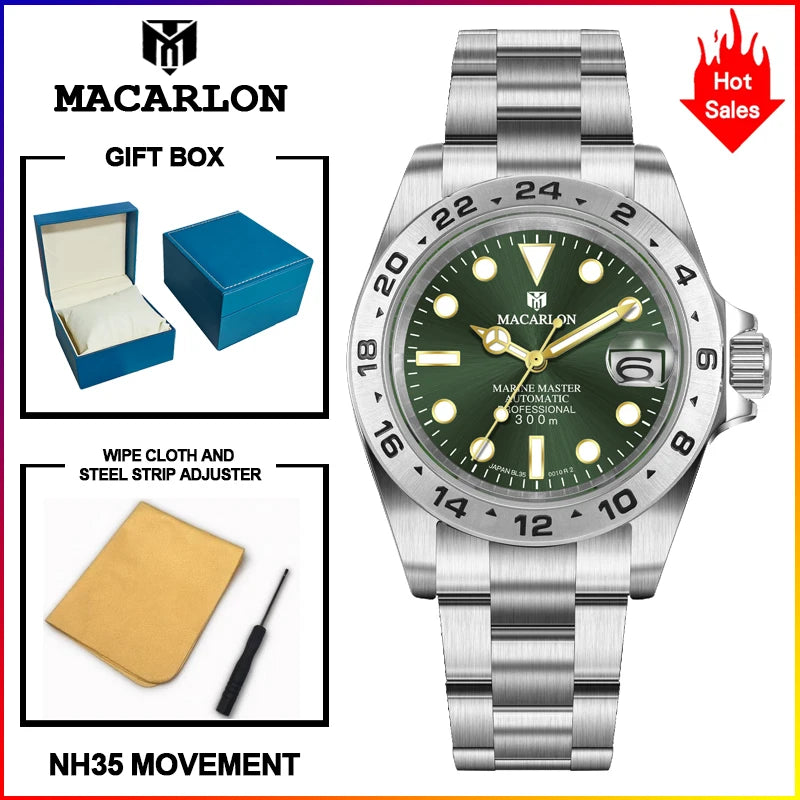 MACARLON Design New China NH35 Mechanical Watch Men 40.5mm Sapphire Glass Luminous Stainless Steel Waterproof Automatic Watch
