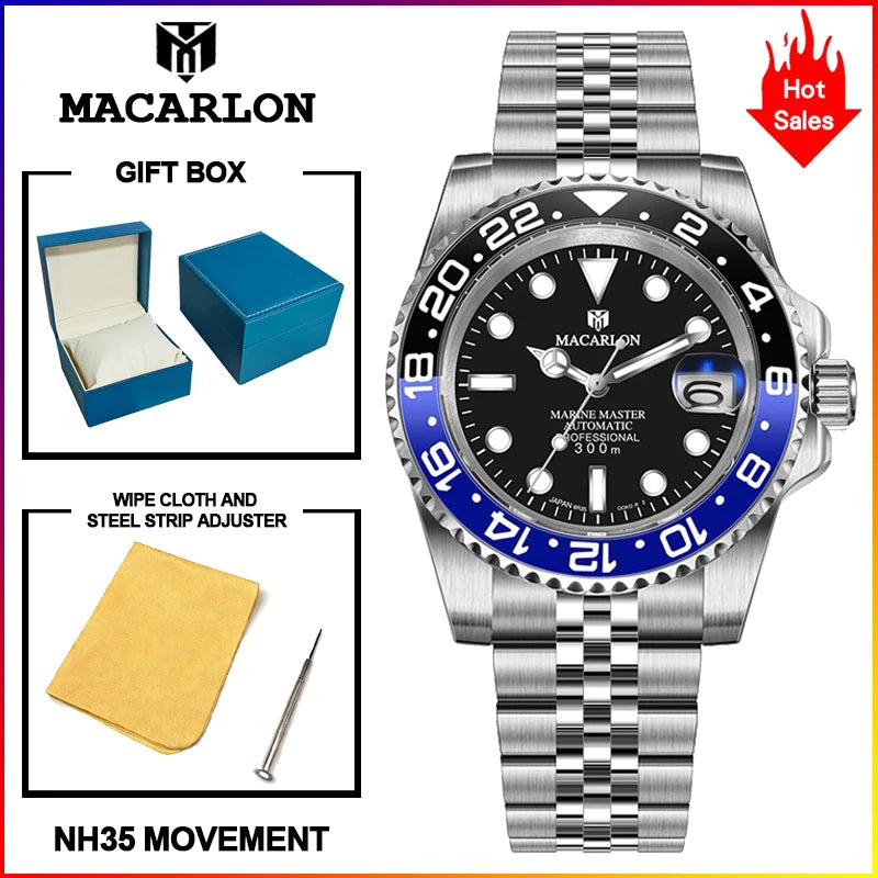 MACARLON Design NEW calendar Machinery watch Men sapphire glass Stainless Steel Waterproof Chinese NH35 Automatic movement Watch