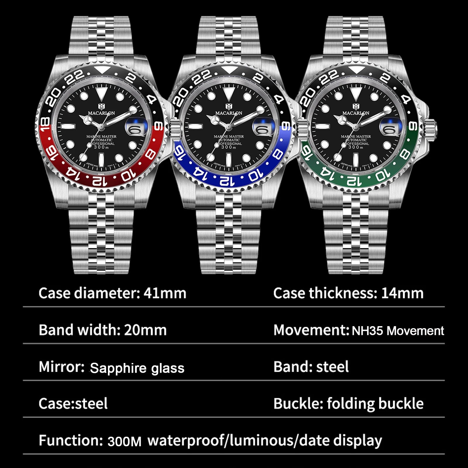 MACARLON Design NEW calendar Machinery watch Men sapphire glass Stainless Steel Waterproof Chinese NH35 Automatic movement Watch