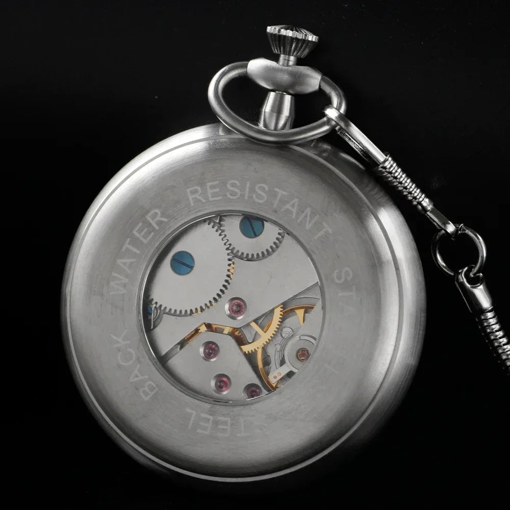 2025 High Quality Luxury Smooth Stainless Full Steel Mechanical Pocket Watch Wind Up Sub-dial Skeleton Vintage Antique Clock