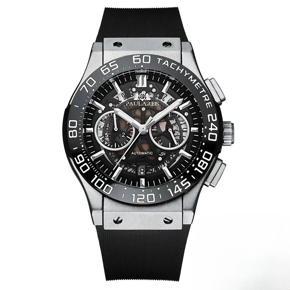 Luxury Automatic Chronograph Skeleton Dial Ceramic Bezel Blue Luminous Rose Gold Titanium Rubber Men Quartz 45mm Wristwatch