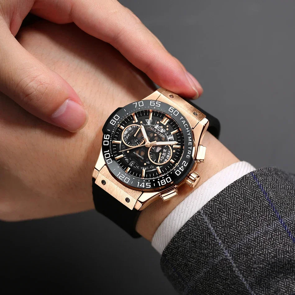 Luxury Automatic Chronograph Skeleton Dial Ceramic Bezel Blue Luminous Rose Gold Titanium Rubber Men Quartz 45mm Wristwatch