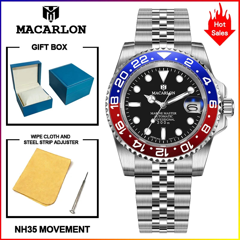 MACARLON Design NEW calendar Machinery watch Men sapphire glass Stainless Steel Waterproof Chinese NH35 Automatic movement Watch