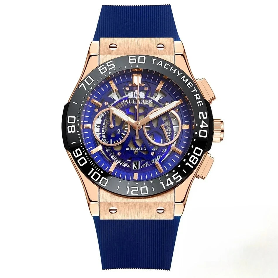 Luxury Automatic Chronograph Skeleton Dial Ceramic Bezel Blue Luminous Rose Gold Titanium Rubber Men Quartz 45mm Wristwatch