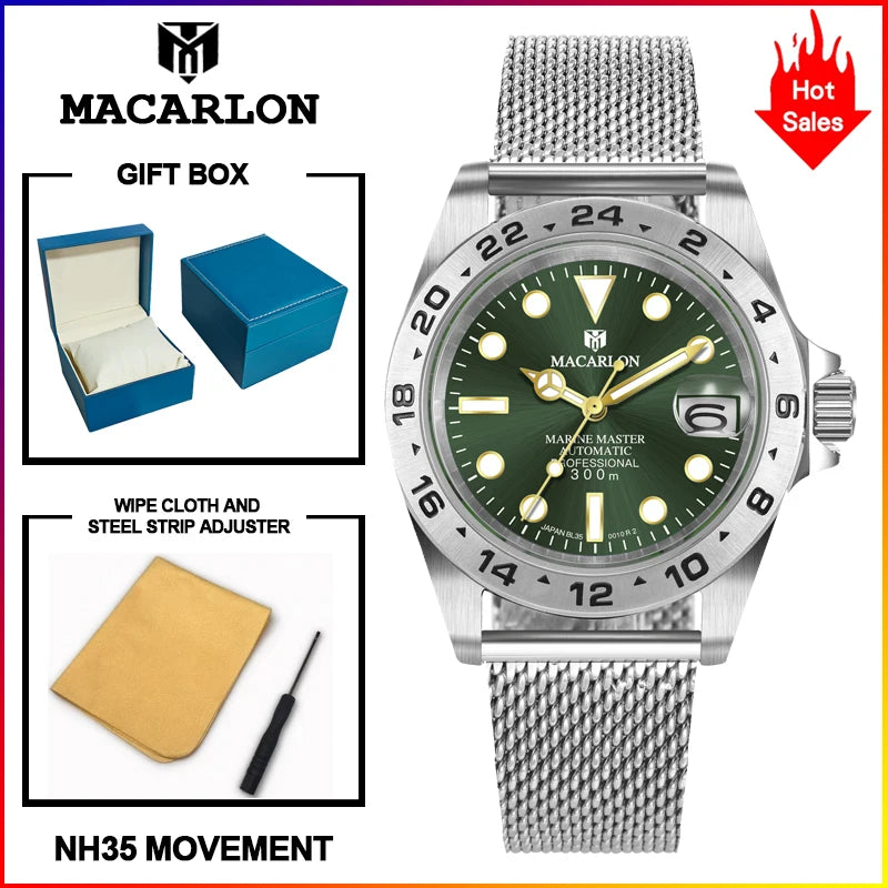 MACARLON Design New China NH35 Mechanical Watch Men 40.5mm Sapphire Glass Luminous Stainless Steel Waterproof Automatic Watch