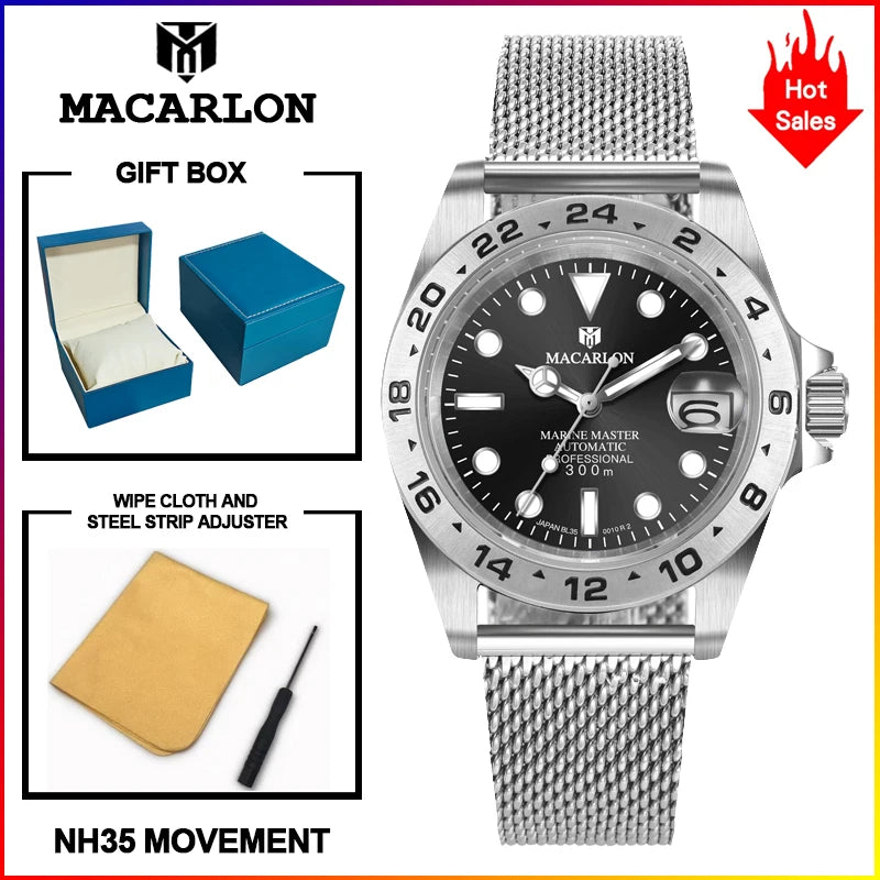 MACARLON Design New China NH35 Mechanical Watch Men 40.5mm Sapphire Glass Luminous Stainless Steel Waterproof Automatic Watch