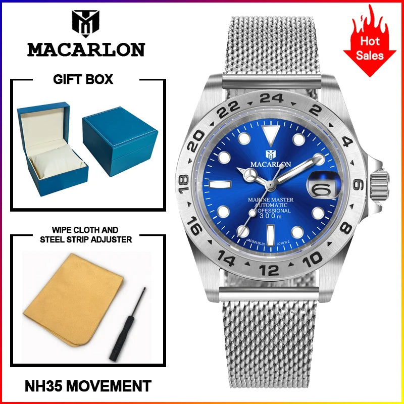 MACARLON Design New China NH35 Mechanical Watch Men 40.5mm Sapphire Glass Luminous Stainless Steel Waterproof Automatic Watch