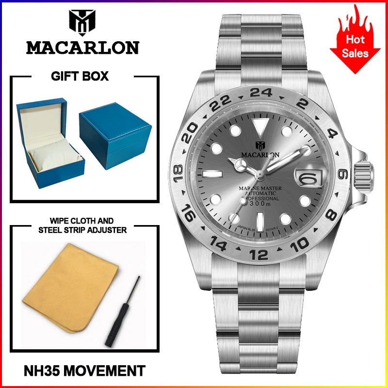 MACARLON Design New China NH35 Mechanical Watch Men 40.5mm Sapphire Glass Luminous Stainless Steel Waterproof Automatic Watch