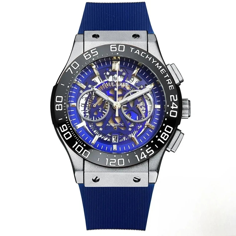 Luxury Automatic Chronograph Skeleton Dial Ceramic Bezel Blue Luminous Rose Gold Titanium Rubber Men Quartz 45mm Wristwatch
