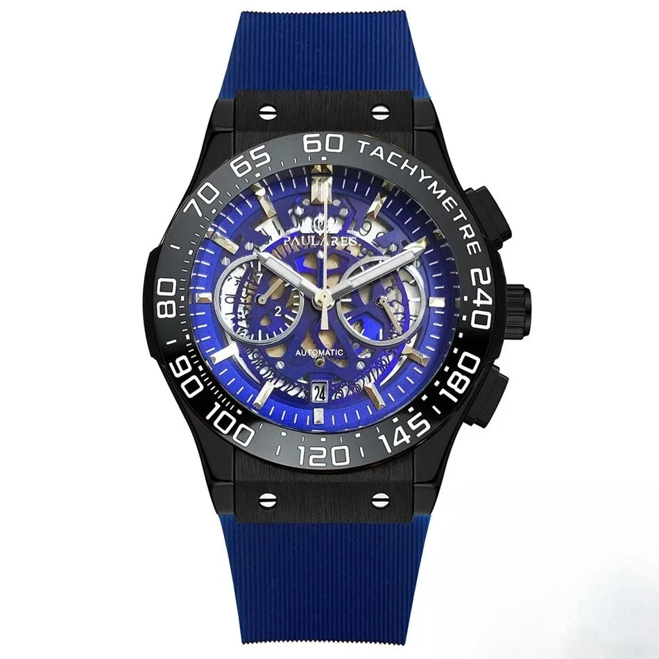 Luxury Automatic Chronograph Skeleton Dial Ceramic Bezel Blue Luminous Rose Gold Titanium Rubber Men Quartz 45mm Wristwatch