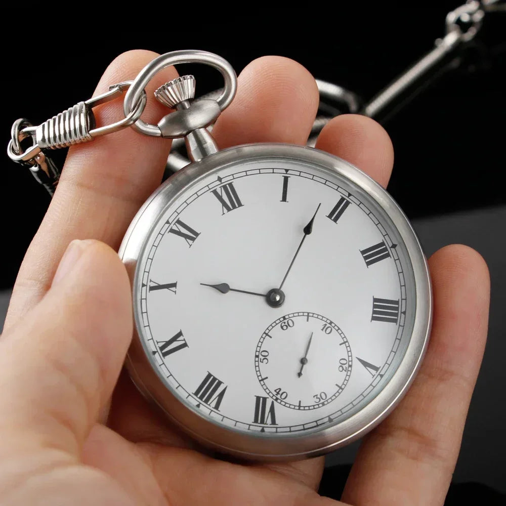 2025 High Quality Luxury Smooth Stainless Full Steel Mechanical Pocket Watch Wind Up Sub-dial Skeleton Vintage Antique Clock