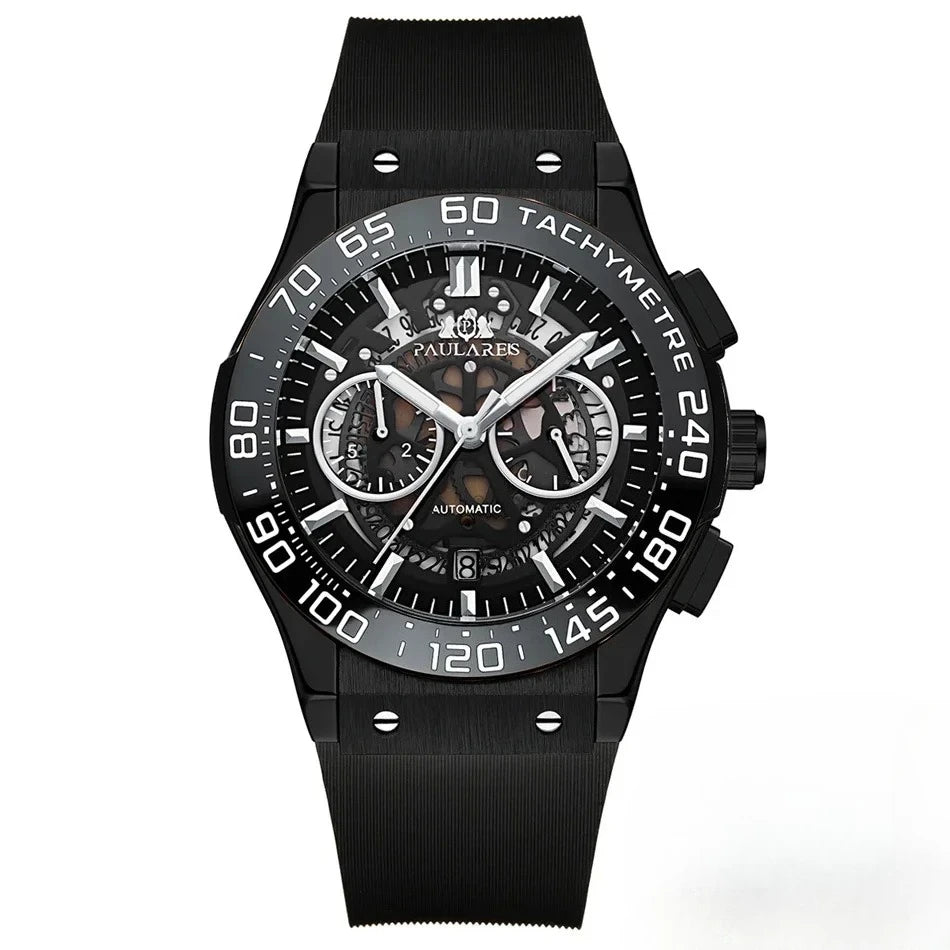 Luxury Automatic Chronograph Skeleton Dial Ceramic Bezel Blue Luminous Rose Gold Titanium Rubber Men Quartz 45mm Wristwatch