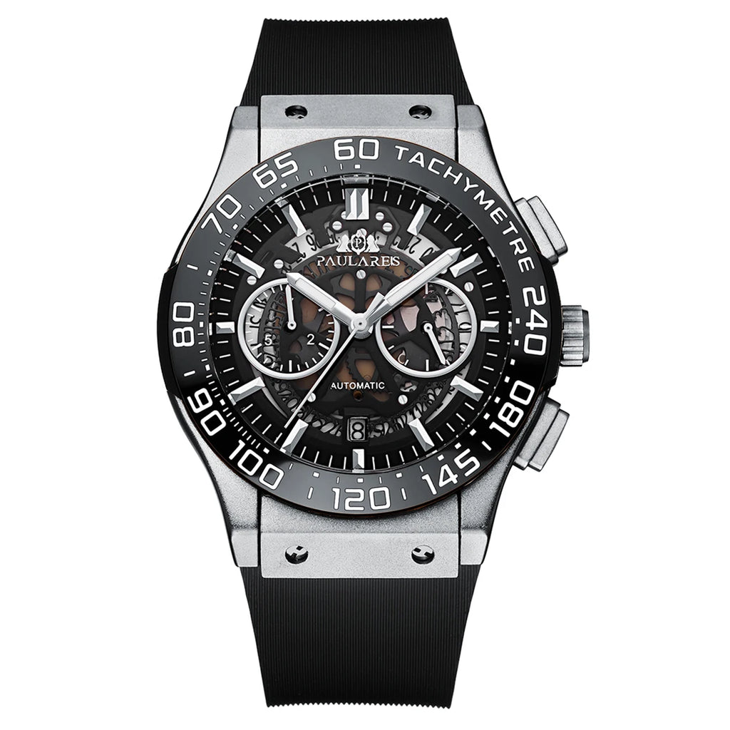 Luxury Automatic Chronograph Skeleton Dial Ceramic Bezel Blue Luminous Rose Gold Titanium Rubber Men Quartz 45mm Wristwatch
