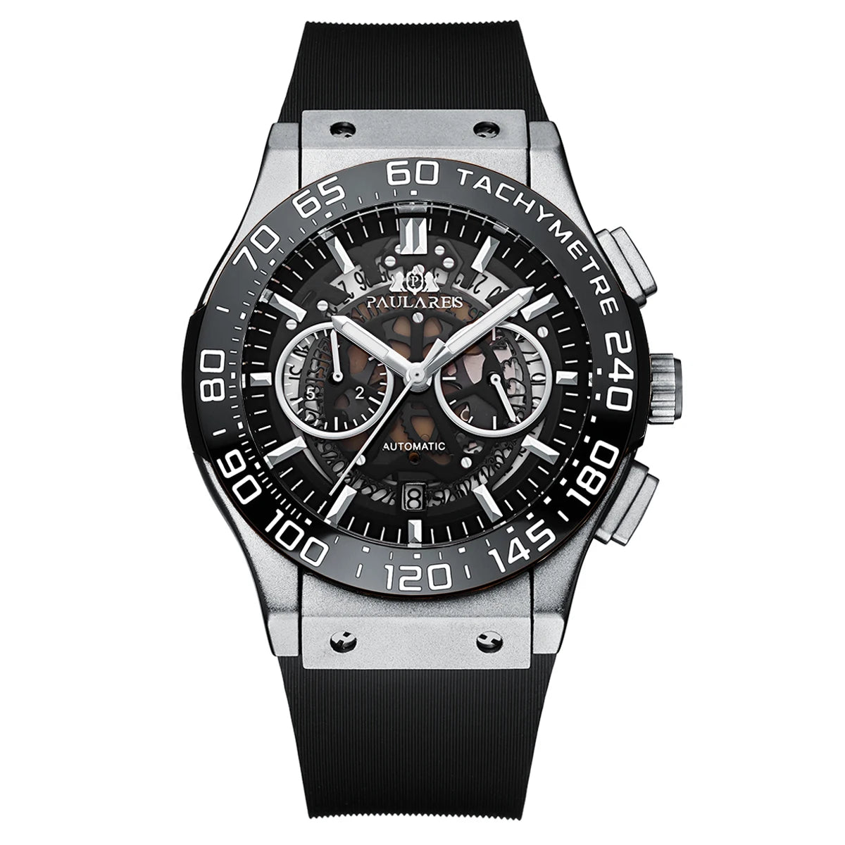 Luxury Automatic Chronograph Skeleton Dial Ceramic Bezel Blue Luminous Rose Gold Titanium Rubber Men Quartz 45mm Wristwatch