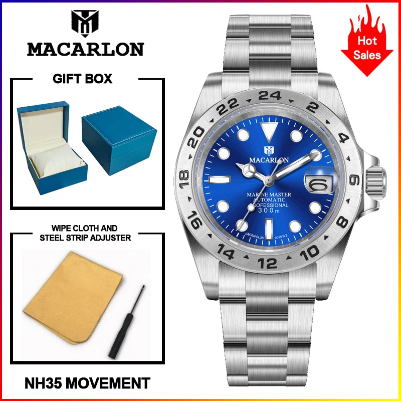 MACARLON Design New China NH35 Mechanical Watch Men 40.5mm Sapphire Glass Luminous Stainless Steel Waterproof Automatic Watch