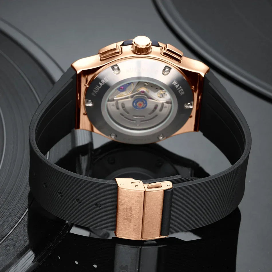 Luxury Automatic Chronograph Skeleton Dial Ceramic Bezel Blue Luminous Rose Gold Titanium Rubber Men Quartz 45mm Wristwatch