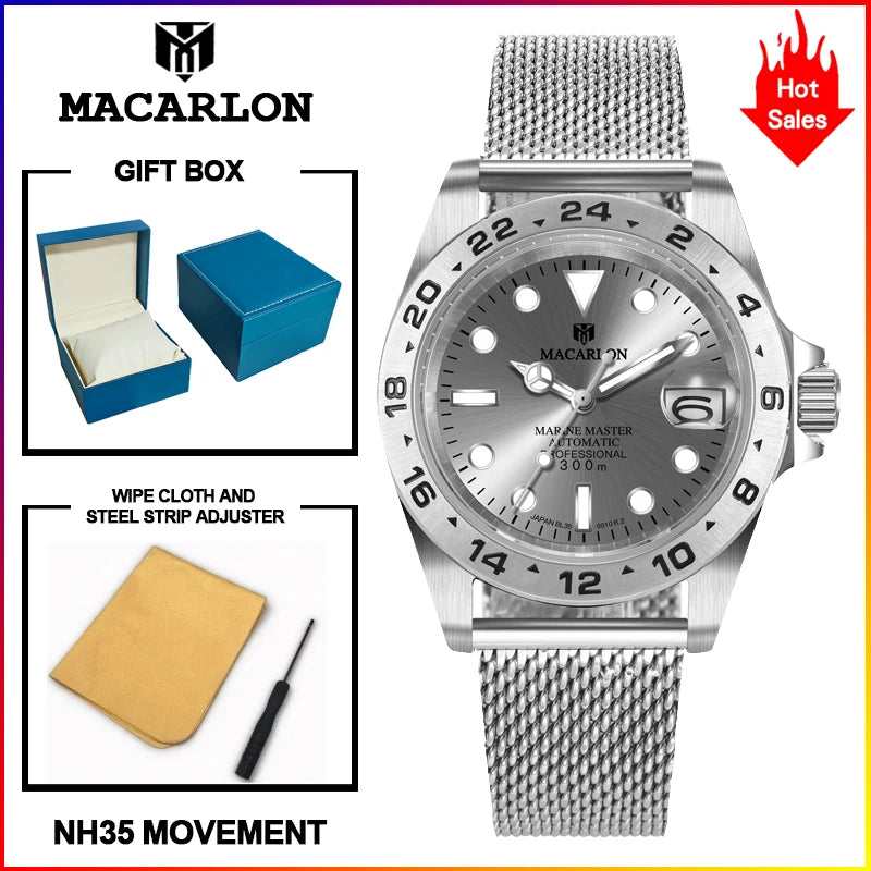 MACARLON Design New China NH35 Mechanical Watch Men 40.5mm Sapphire Glass Luminous Stainless Steel Waterproof Automatic Watch