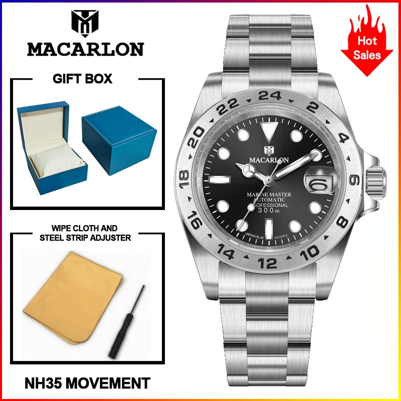 MACARLON Design New China NH35 Mechanical Watch Men 40.5mm Sapphire Glass Luminous Stainless Steel Waterproof Automatic Watch