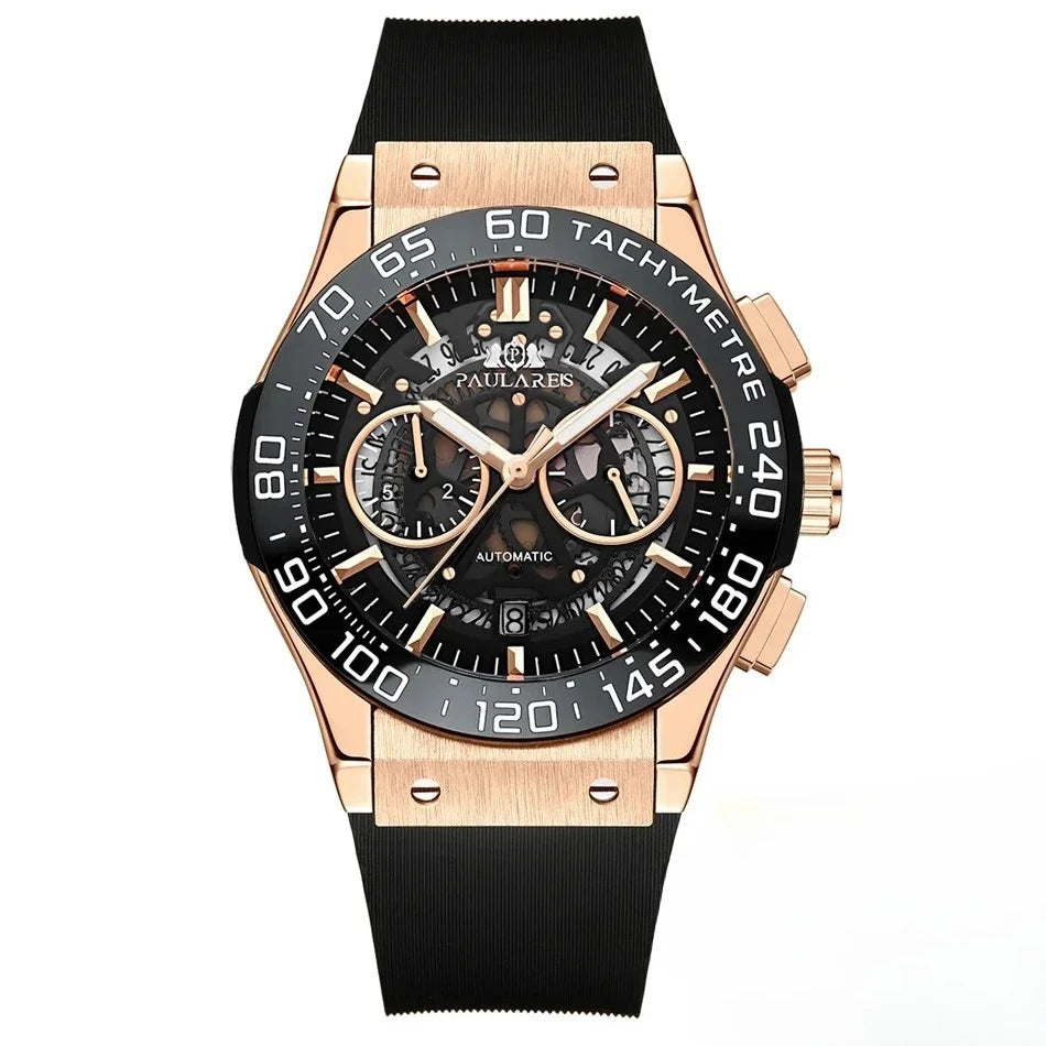 Luxury Automatic Chronograph Skeleton Dial Ceramic Bezel Blue Luminous Rose Gold Titanium Rubber Men Quartz 45mm Wristwatch