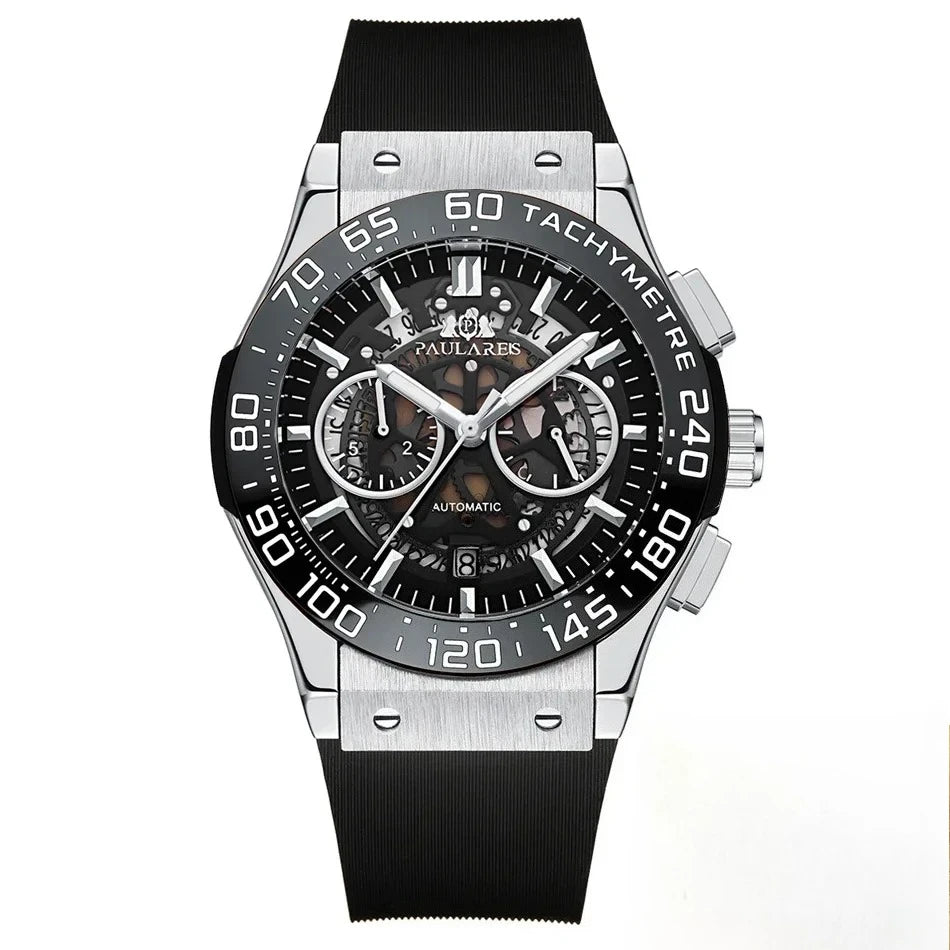 Luxury Automatic Chronograph Skeleton Dial Ceramic Bezel Blue Luminous Rose Gold Titanium Rubber Men Quartz 45mm Wristwatch