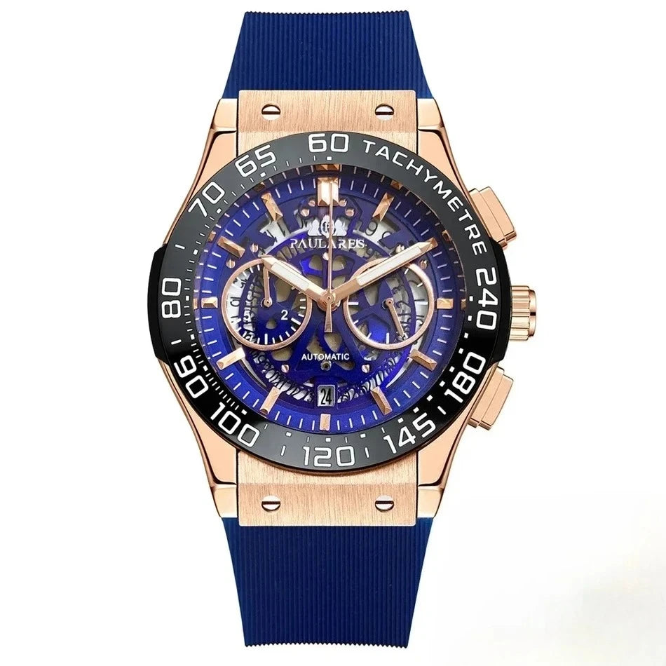 Luxury Automatic Chronograph Skeleton Dial Ceramic Bezel Blue Luminous Rose Gold Titanium Rubber Men Quartz 45mm Wristwatch