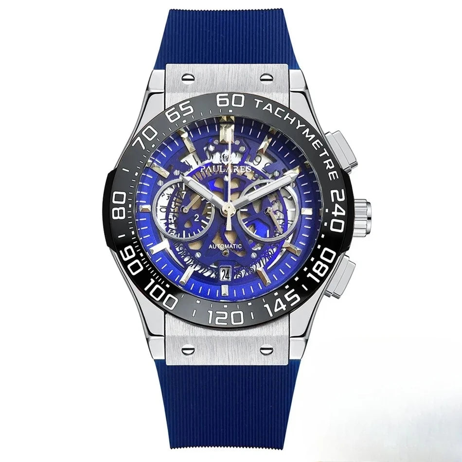 Luxury Automatic Chronograph Skeleton Dial Ceramic Bezel Blue Luminous Rose Gold Titanium Rubber Men Quartz 45mm Wristwatch