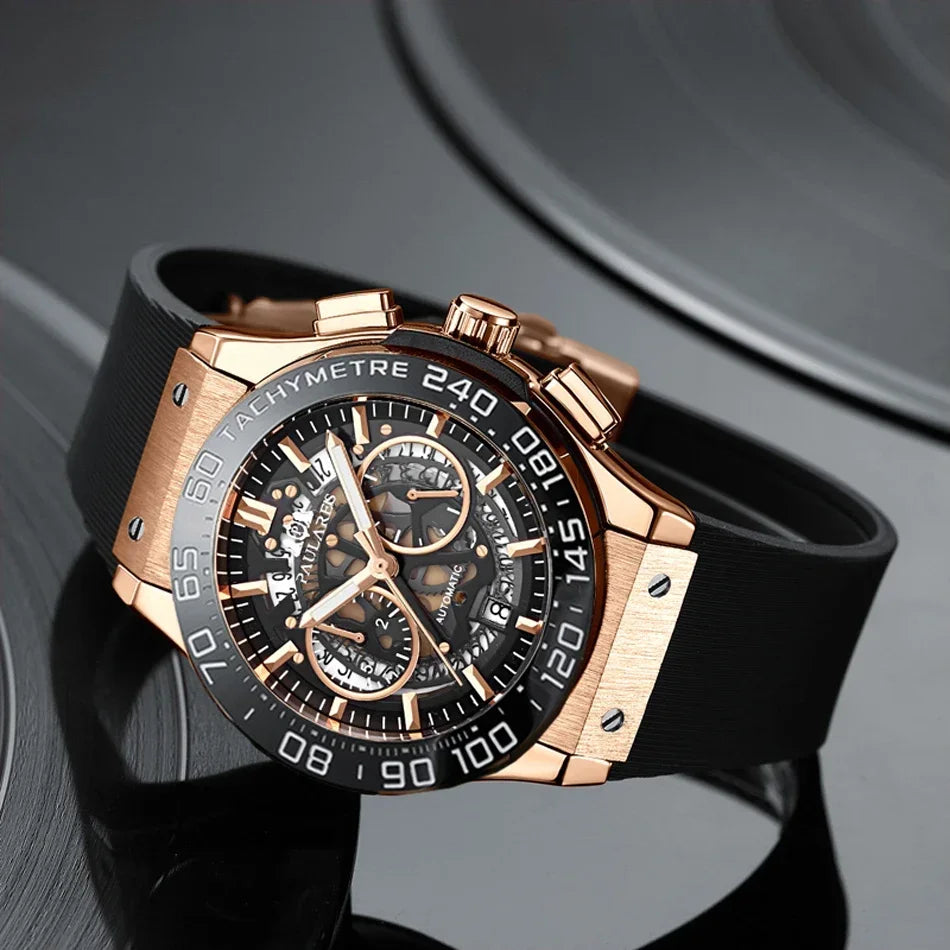Luxury Automatic Chronograph Skeleton Dial Ceramic Bezel Blue Luminous Rose Gold Titanium Rubber Men Quartz 45mm Wristwatch