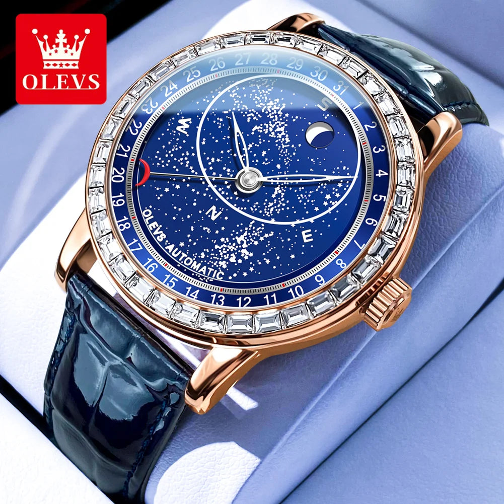 OLEVS 9923 Moon Phase Automatic Mechanical Watches for Man Fashion Leather Strap Waterproof Starry Sky Blue Luxury Men's Watches