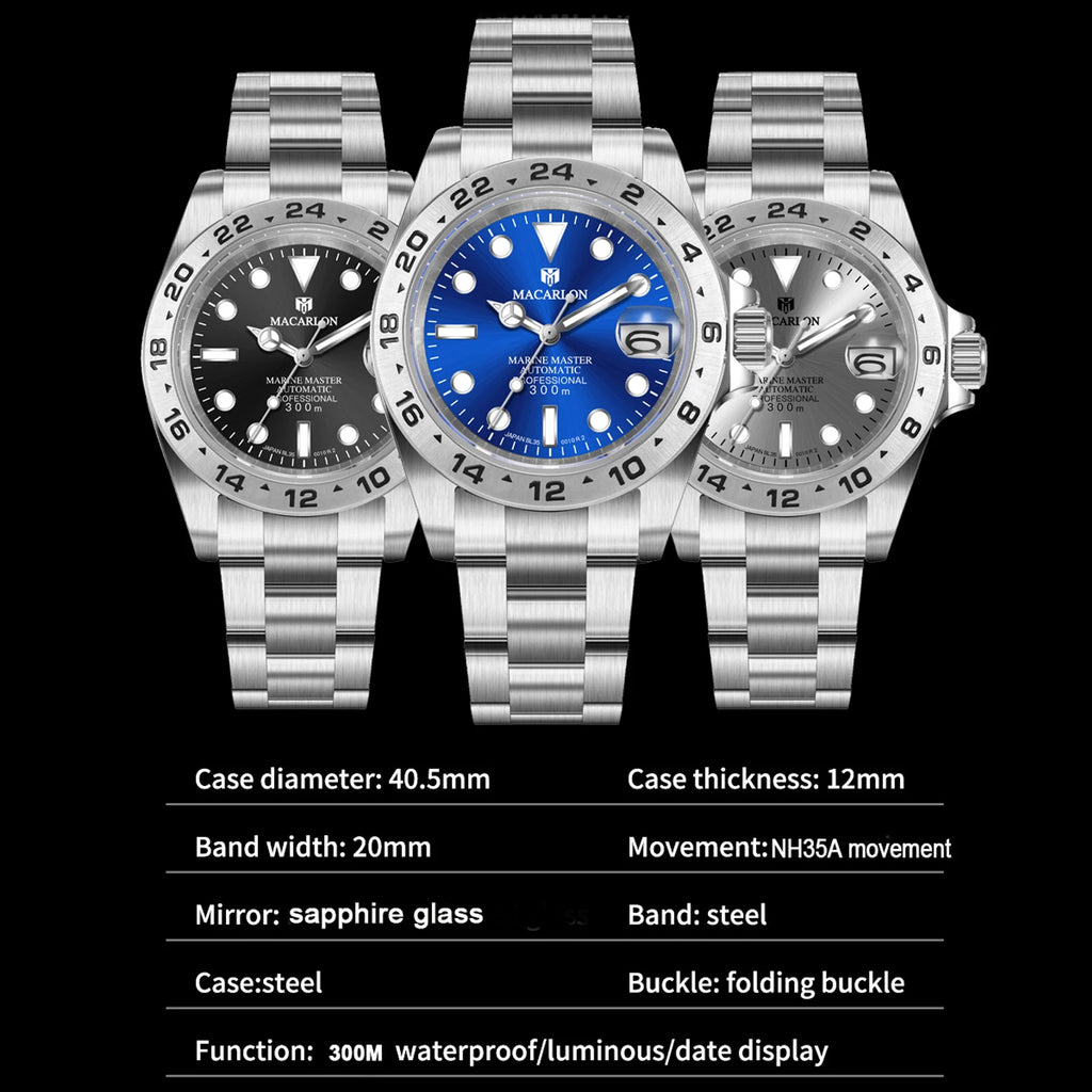 MACARLON Design New China NH35 Mechanical Watch Men 40.5mm Sapphire Glass Luminous Stainless Steel Waterproof Automatic Watch