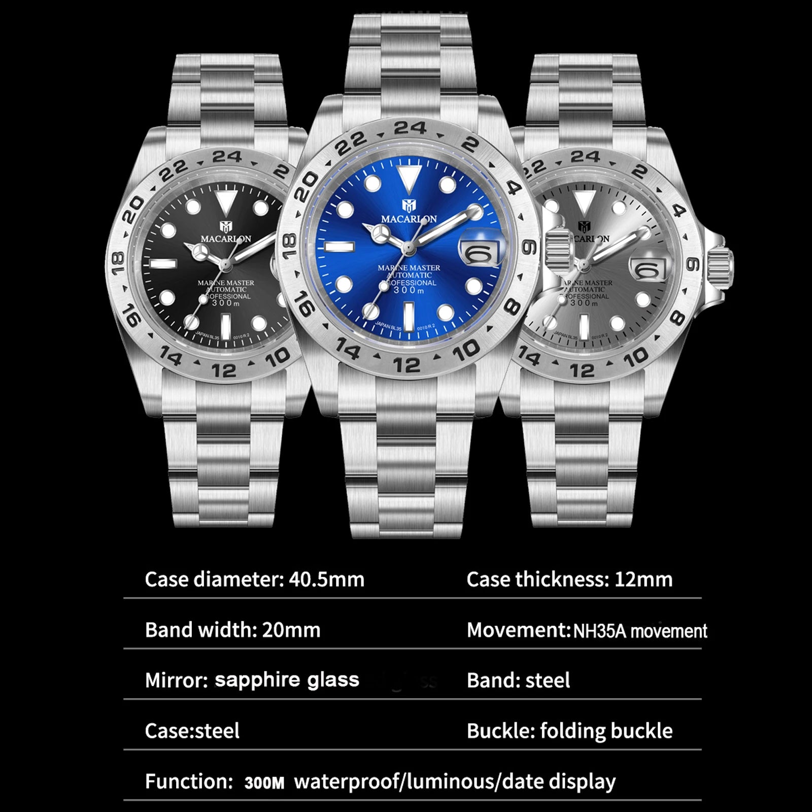 MACARLON Design New China NH35 Mechanical Watch Men 40.5mm Sapphire Glass Luminous Stainless Steel Waterproof Automatic Watch