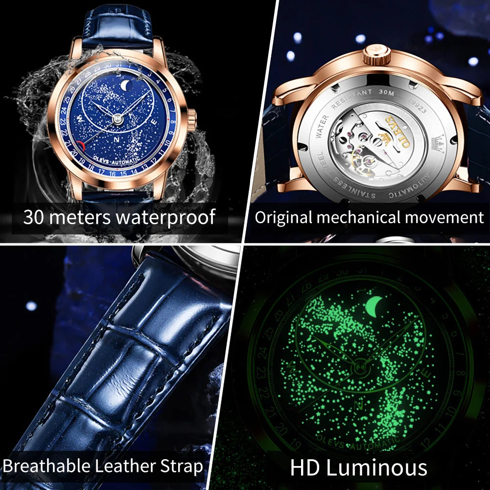 OLEVS 9923 Moon Phase Automatic Mechanical Watches for Man Fashion Leather Strap Waterproof Starry Sky Blue Luxury Men's Watches