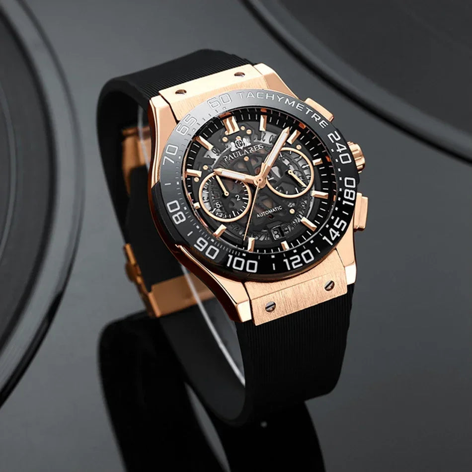 Luxury Automatic Chronograph Skeleton Dial Ceramic Bezel Blue Luminous Rose Gold Titanium Rubber Men Quartz 45mm Wristwatch