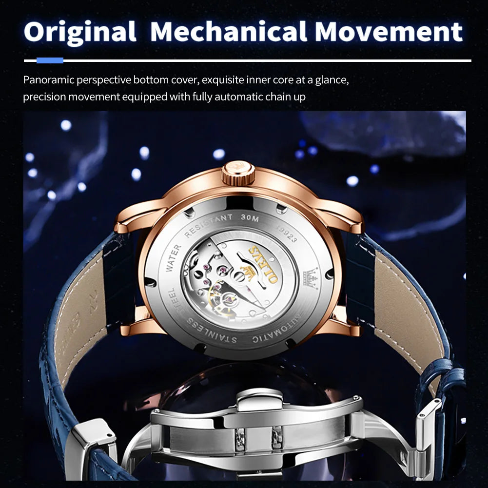 OLEVS 9923 Moon Phase Automatic Mechanical Watches for Man Fashion Leather Strap Waterproof Starry Sky Blue Luxury Men's Watches